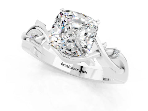White gold Cushion Cut Moissanite Solitaire Ring with Twisted Band and Prong Setting_1