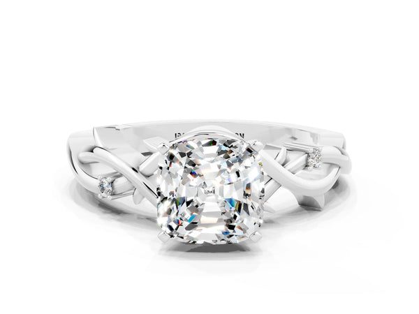 Silver Cushion Cut Moissanite Solitaire Ring with Twisted Band and Prong Setting