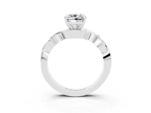 Silver Cushion Cut Moissanite Solitaire Ring with Twisted Band and Prong Setting