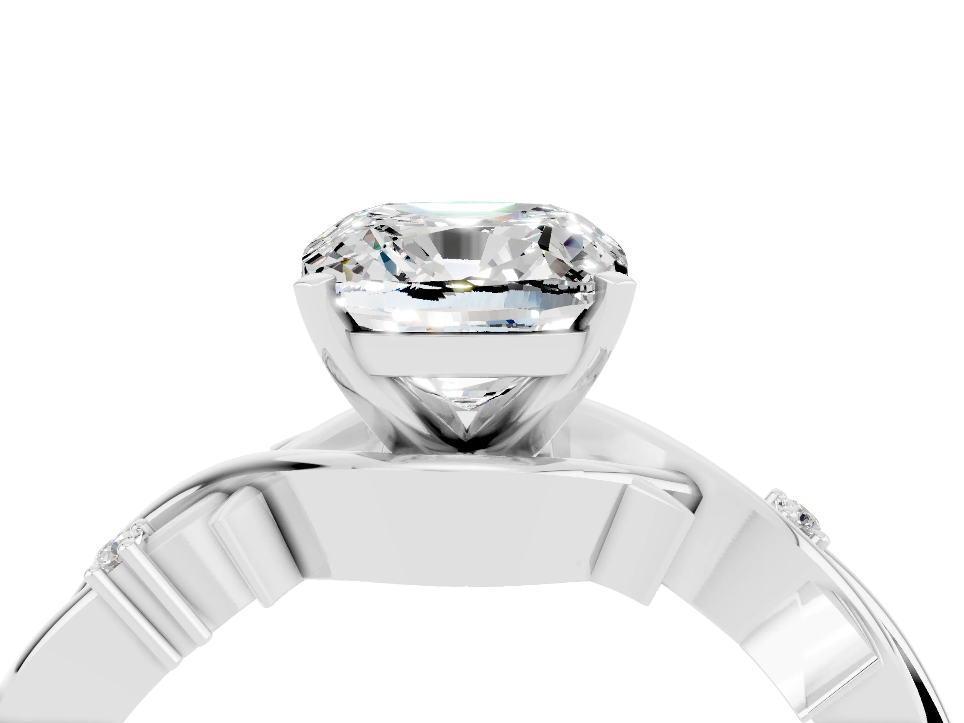 White gold Cushion Cut Moissanite Solitaire Ring with Twisted Band and Prong Setting_4