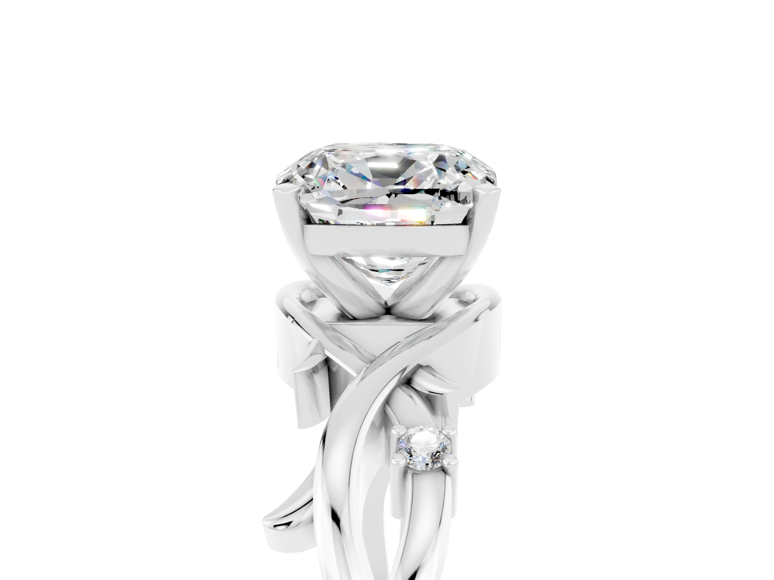 White gold Cushion Cut Moissanite Solitaire Ring with Twisted Band and Prong Setting_5