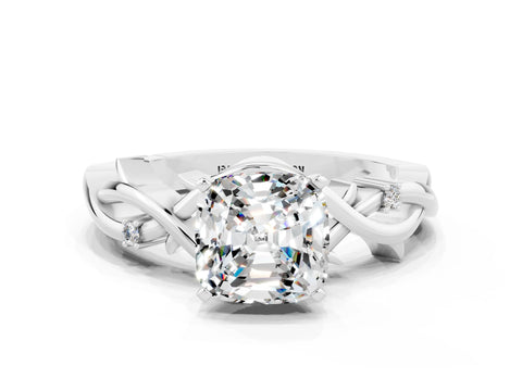 White gold Cushion Cut Moissanite Solitaire Ring with Twisted Band and Prong Setting