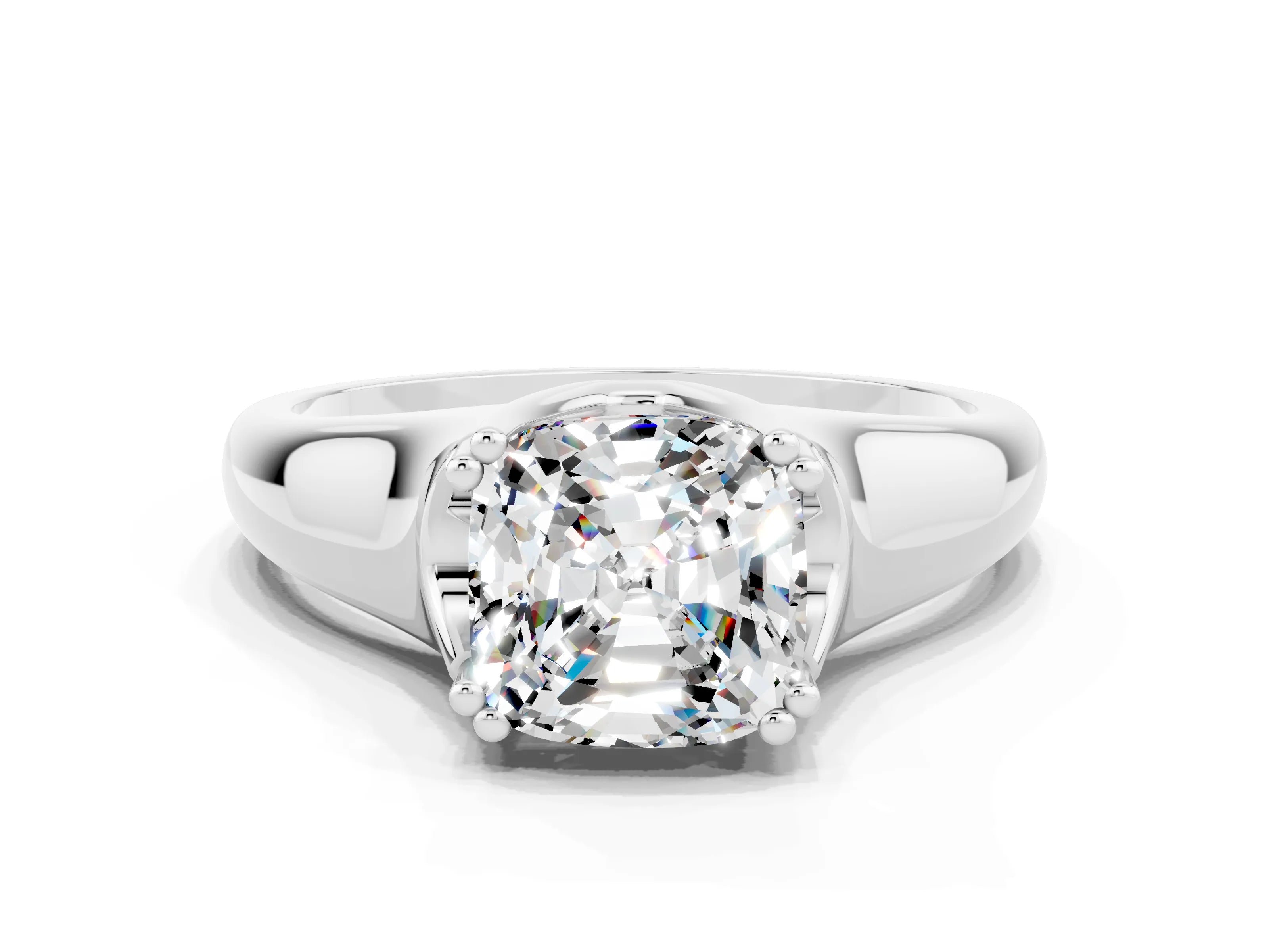 White gold Cushion Cut Moissanite Solitaire Ring with Wide Band and Prong Setting
