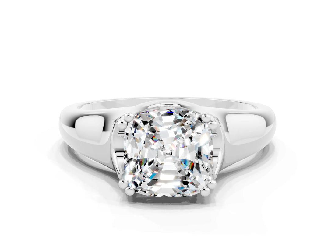 White gold Cushion Cut Moissanite Solitaire Ring with Wide Band and Prong Setting
