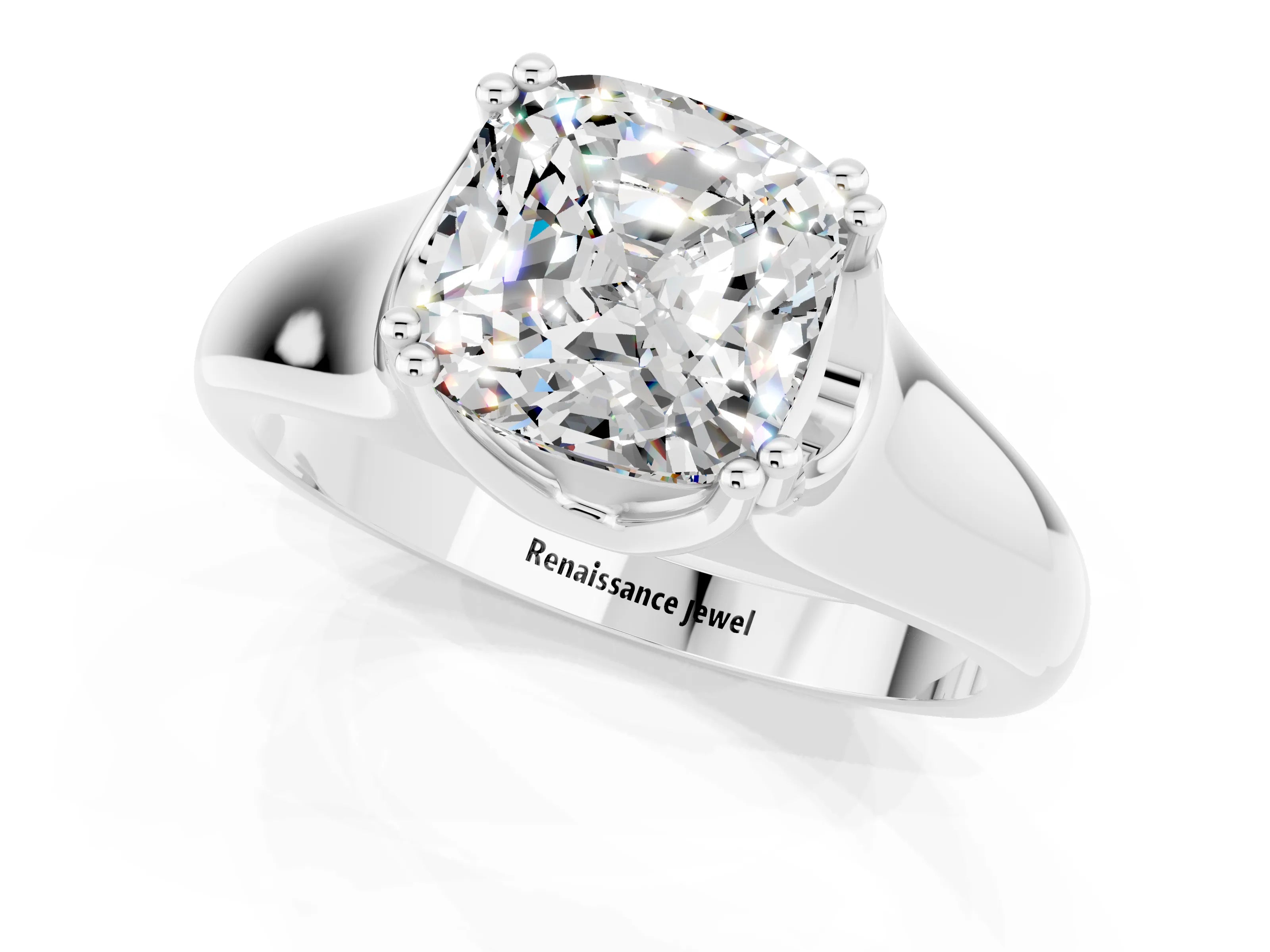 White gold Cushion Cut Moissanite Solitaire Ring with Wide Band and Prong Setting_1
