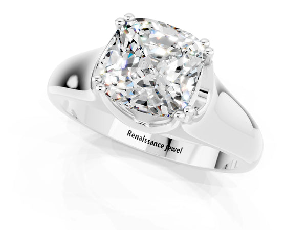 Silver Cushion Cut Moissanite Solitaire Ring with Wide Band and Prong Setting