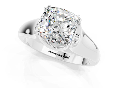 White gold Cushion Cut Moissanite Solitaire Ring with Wide Band and Prong Setting_1