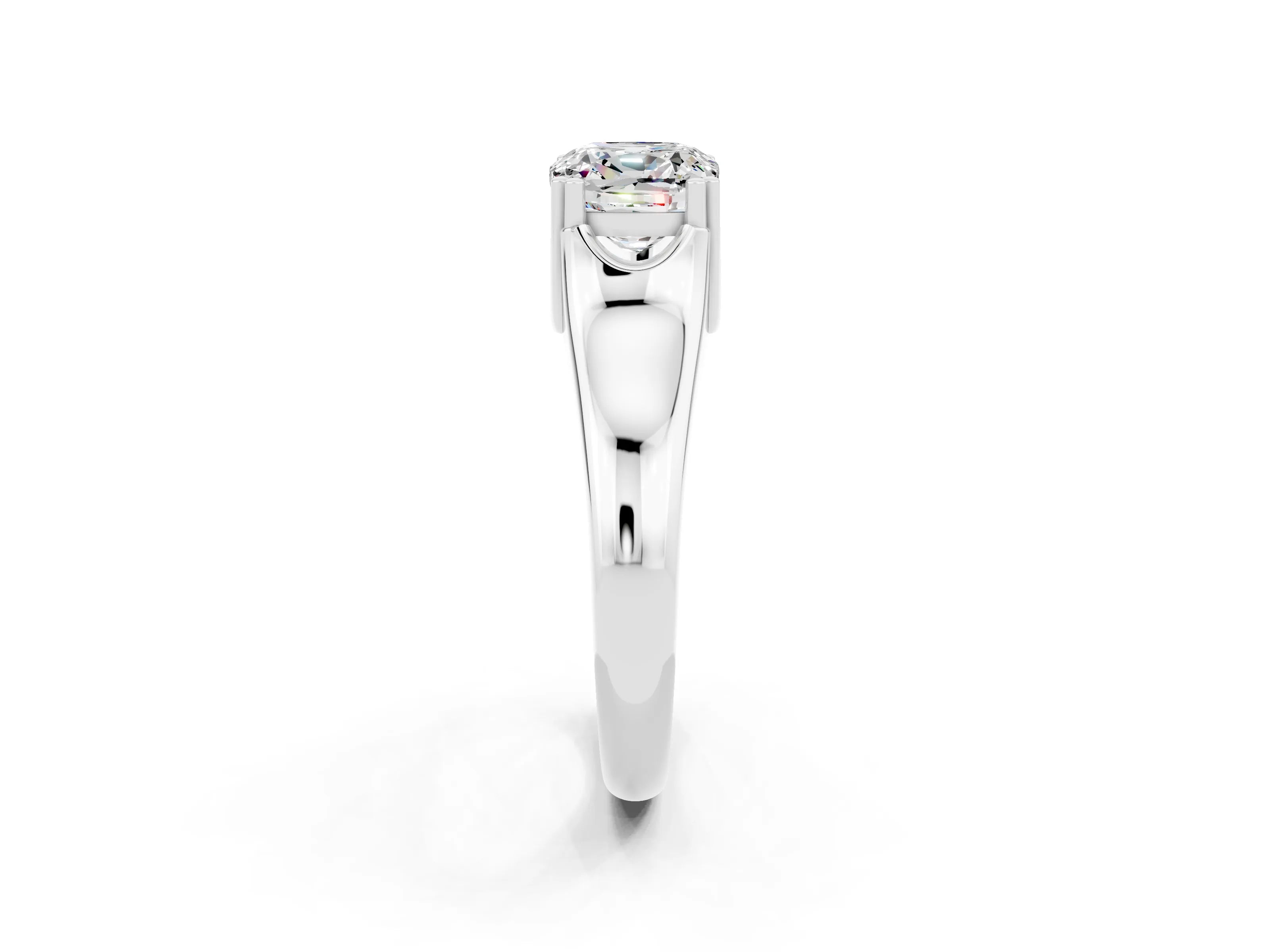 White gold Cushion Cut Moissanite Solitaire Ring with Wide Band and Prong Setting_2