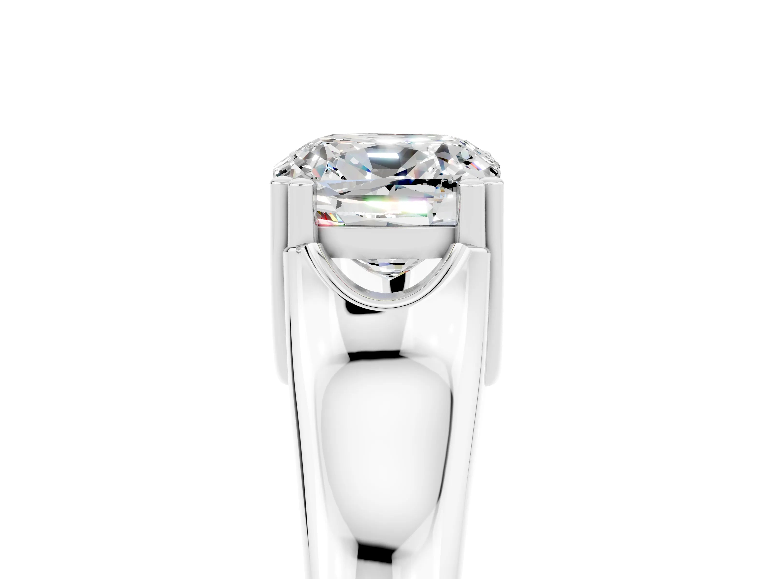 White gold Cushion Cut Moissanite Solitaire Ring with Wide Band and Prong Setting_5