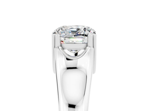 White gold Cushion Cut Moissanite Solitaire Ring with Wide Band and Prong Setting_5
