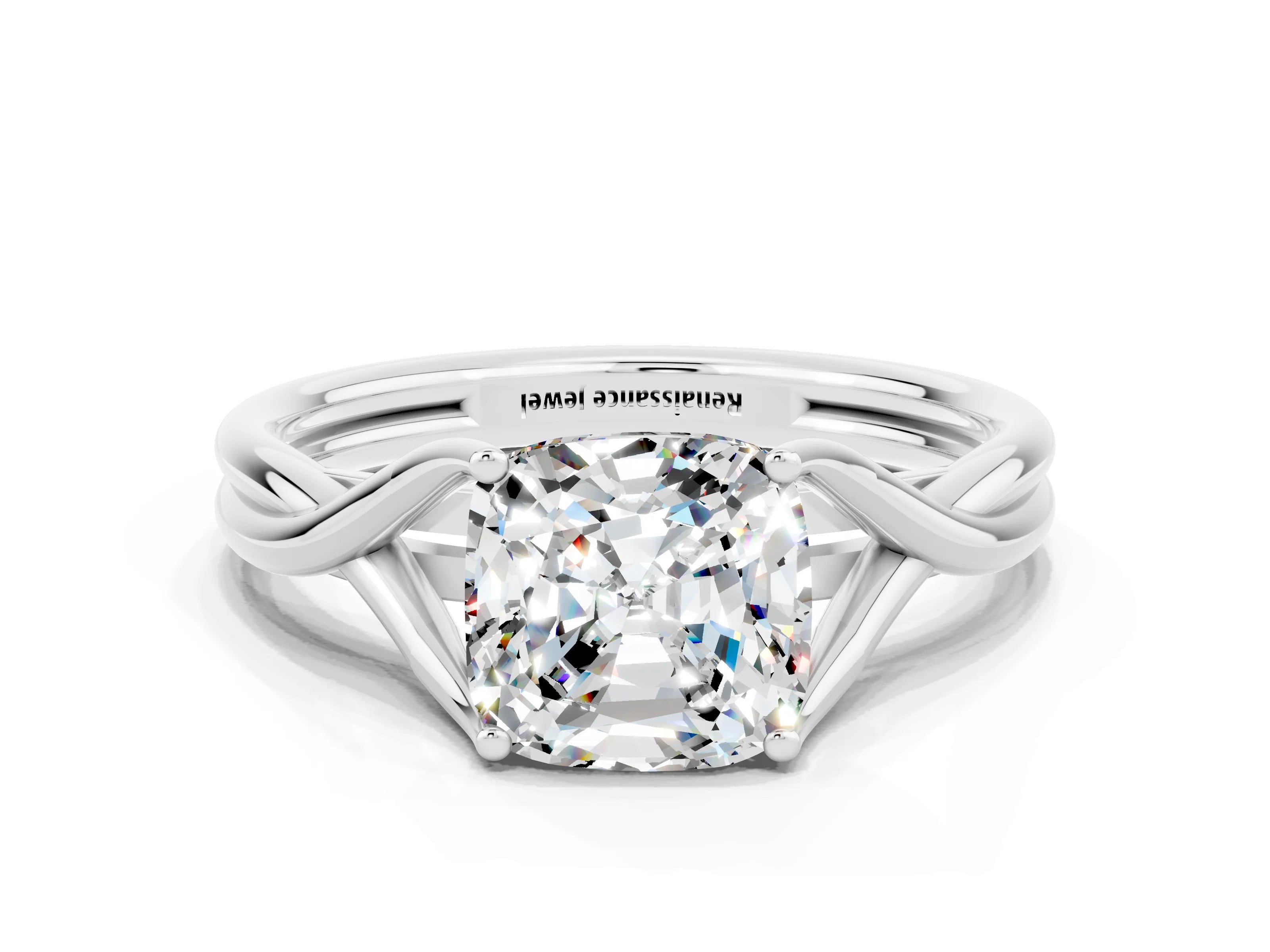 White gold Cushion Cut Moissanite Solitaire Twist Band Prong Setting Ring_73