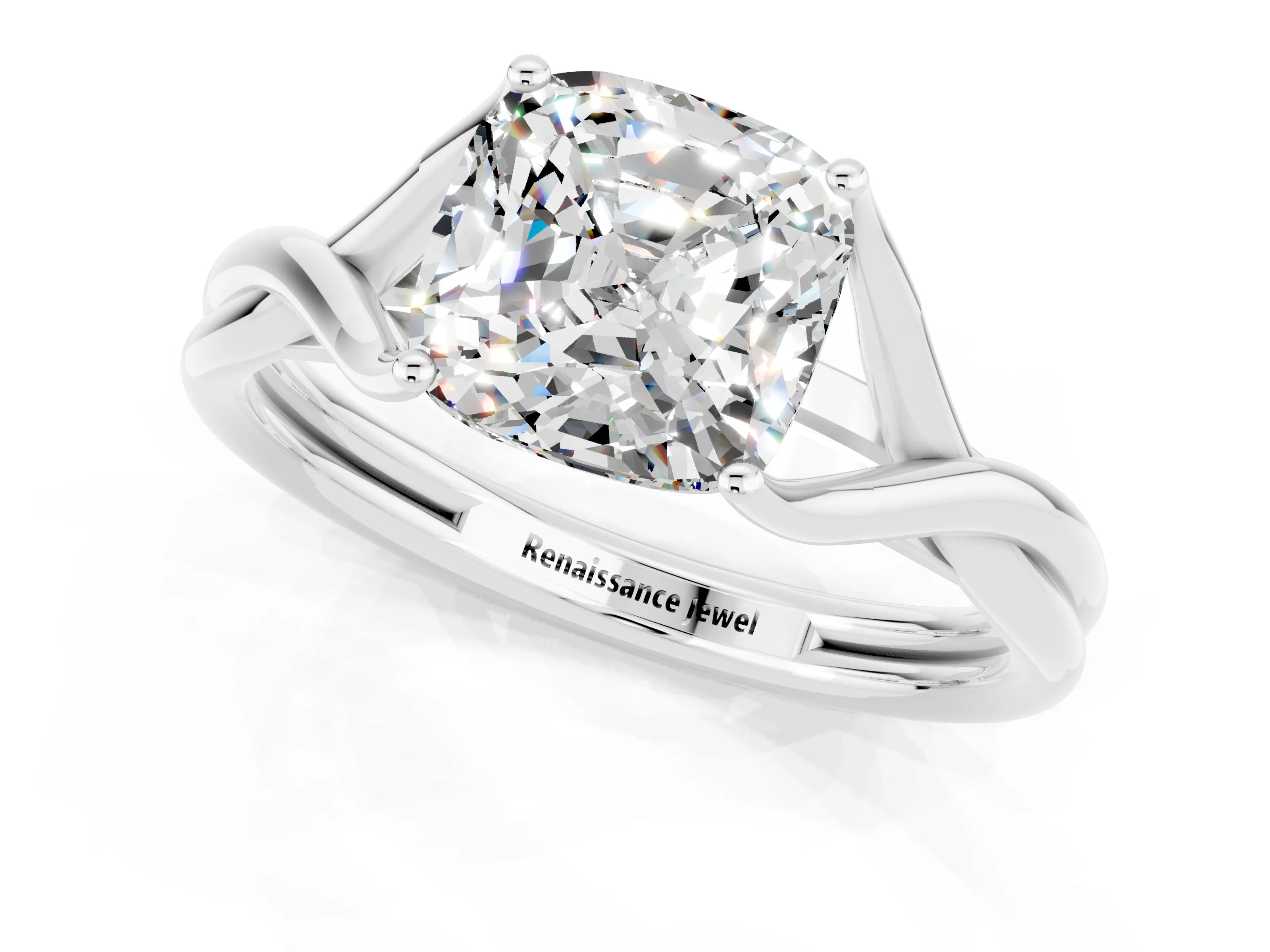 White gold Cushion Cut Moissanite Solitaire Twist Band Prong Setting Ring_74