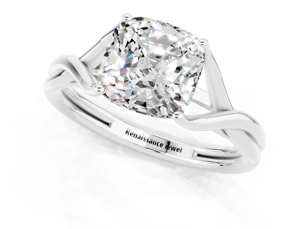 Platinum Cushion Cut Moissanite Solitaire Twist Band Prong Setting Ring