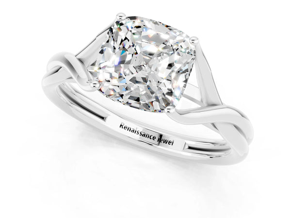 Silver Cushion Cut Moissanite Solitaire Twist Band Prong Setting Ring
