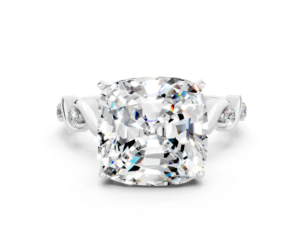 Platinum Cushion Cut Moissanite Solitaire Twisted Band with Round  Accents and Prong Setting