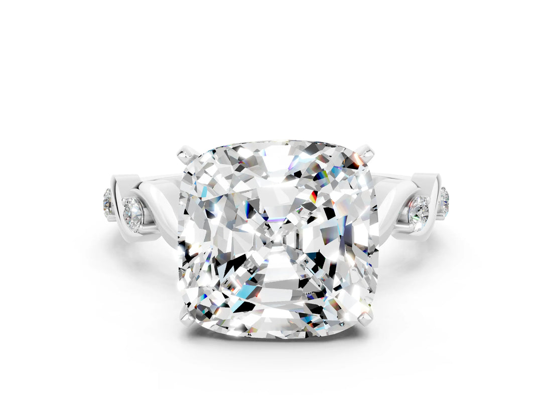 White gold Cushion Cut Moissanite Solitaire Twisted Band with Round  Accents and Prong Setting_12
