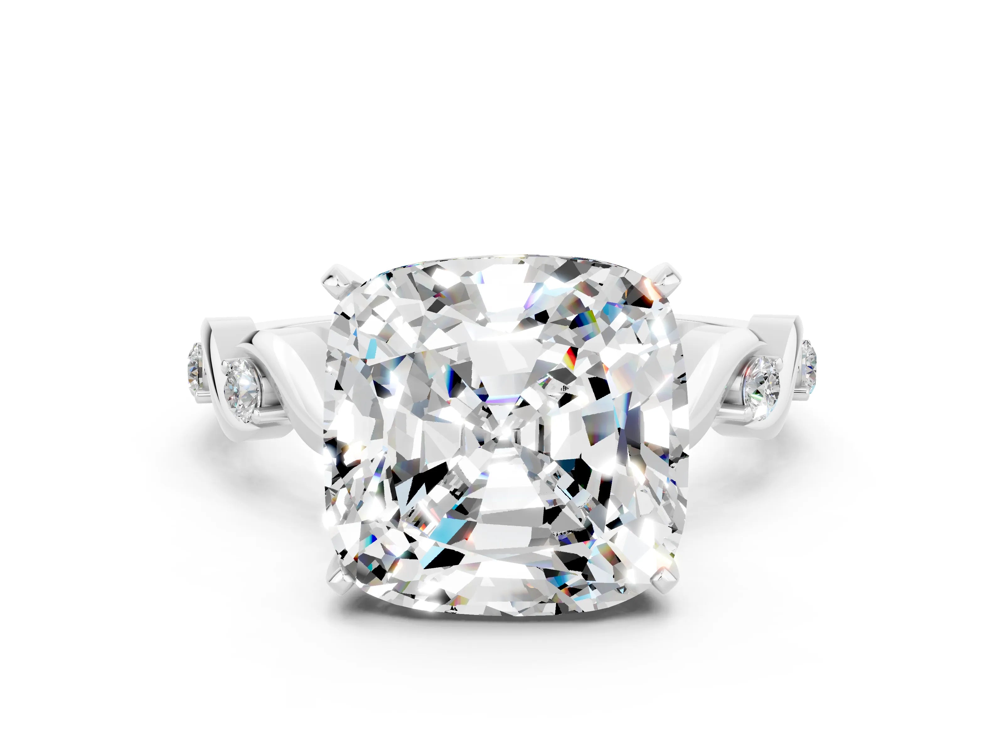 White gold Cushion Cut Moissanite Solitaire Twisted Band with Round  Accents and Prong Setting_12