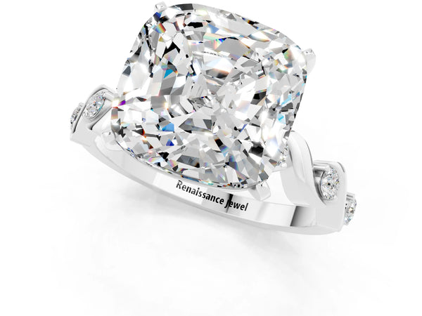 Platinum Cushion Cut Moissanite Solitaire Twisted Band with Round  Accents and Prong Setting