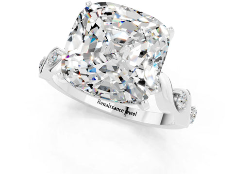 White gold Cushion Cut Moissanite Solitaire Twisted Band with Round  Accents and Prong Setting_13