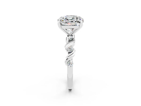 Platinum Cushion Cut Moissanite Solitaire Twisted Band with Round  Accents and Prong Setting