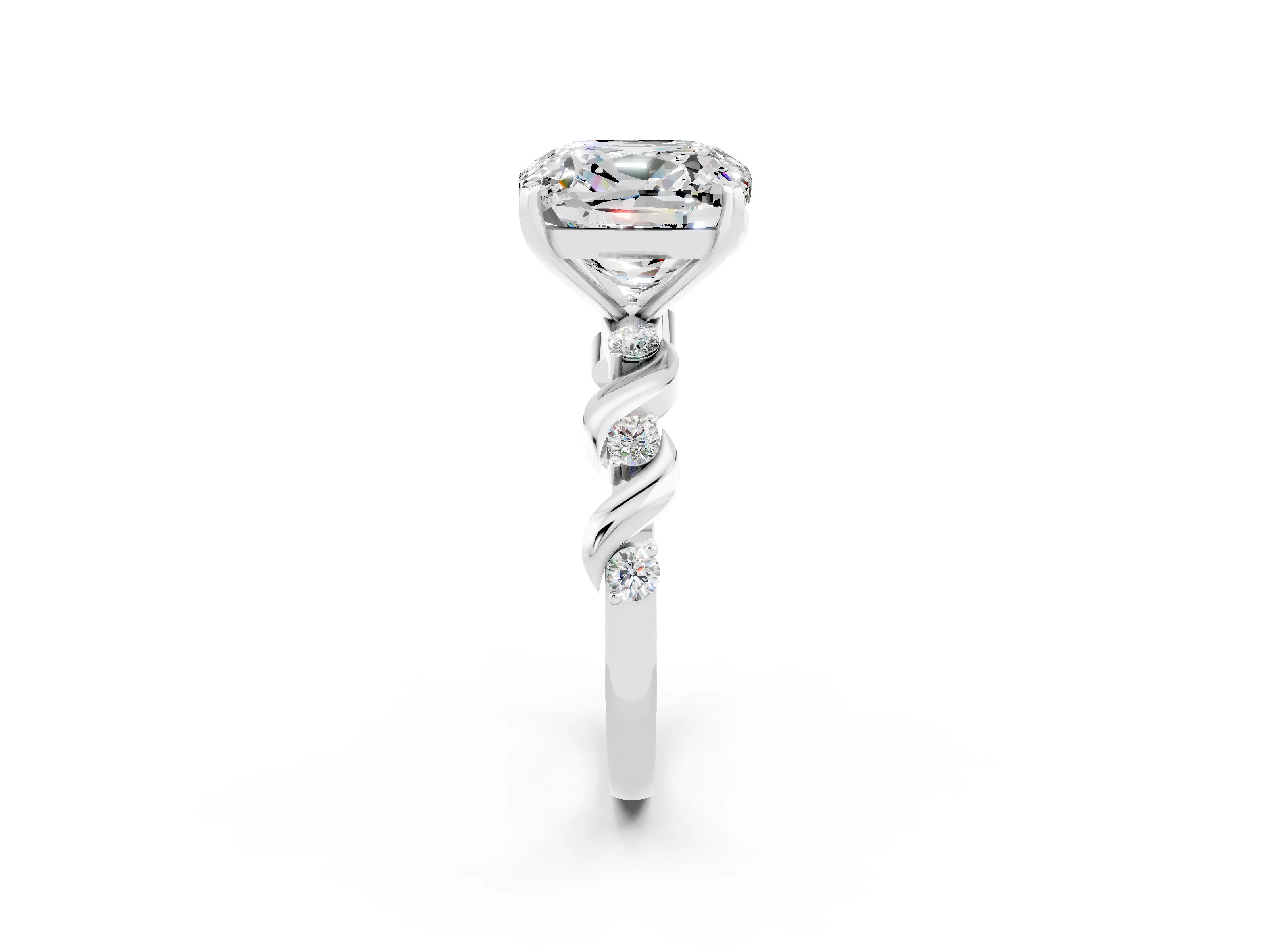 White gold Cushion Cut Moissanite Solitaire Twisted Band with Round  Accents and Prong Setting_14