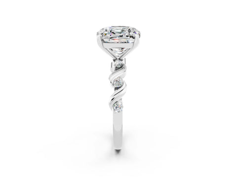 White gold Cushion Cut Moissanite Solitaire Twisted Band with Round  Accents and Prong Setting_14