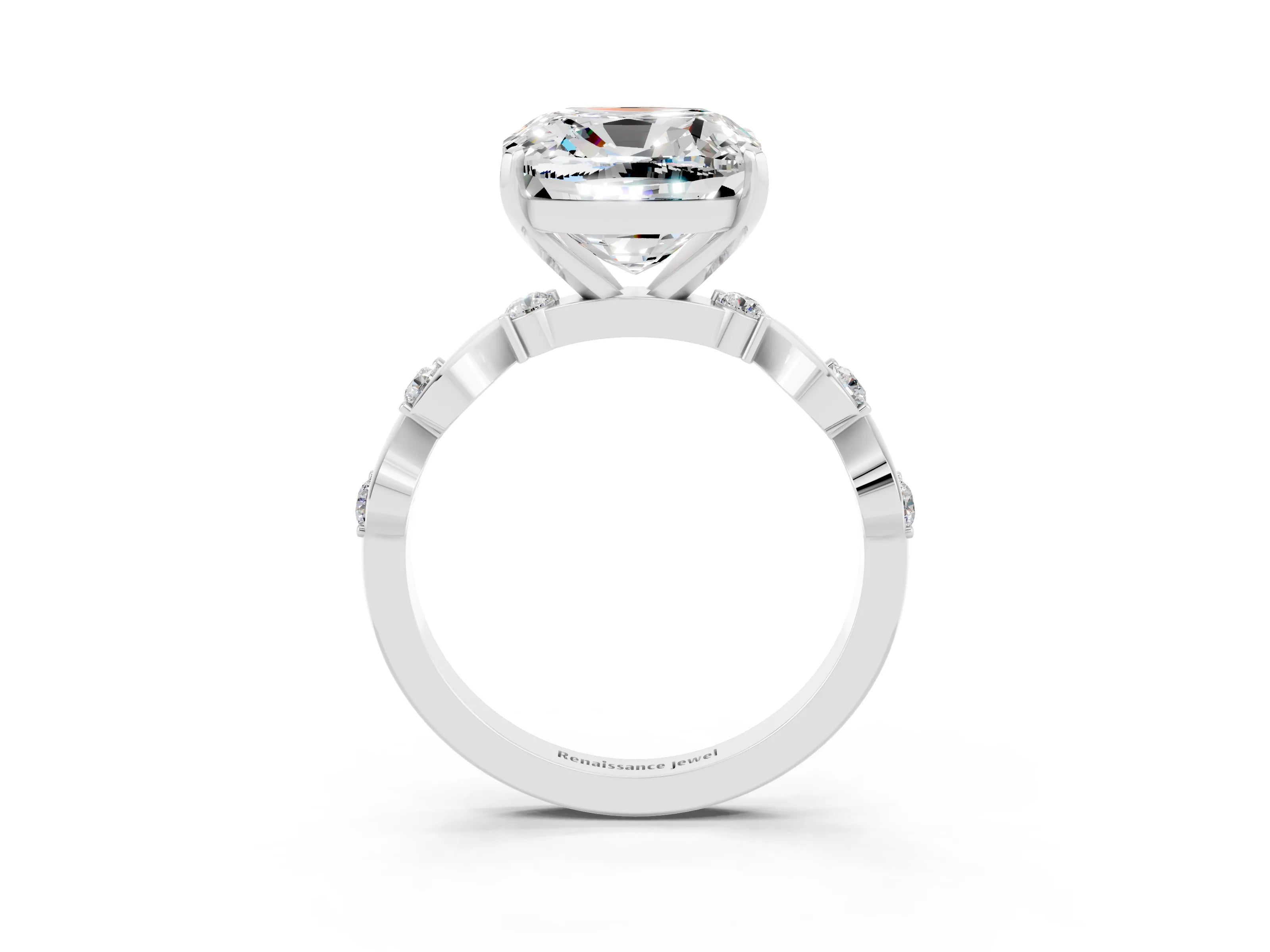 White gold Cushion Cut Moissanite Solitaire Twisted Band with Round  Accents and Prong Setting_15