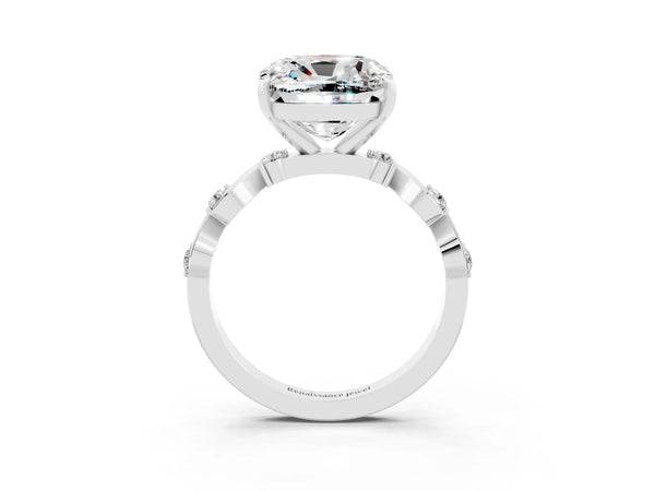 Silver Cushion Cut Moissanite Solitaire Twisted Band with Round  Accents and Prong Setting