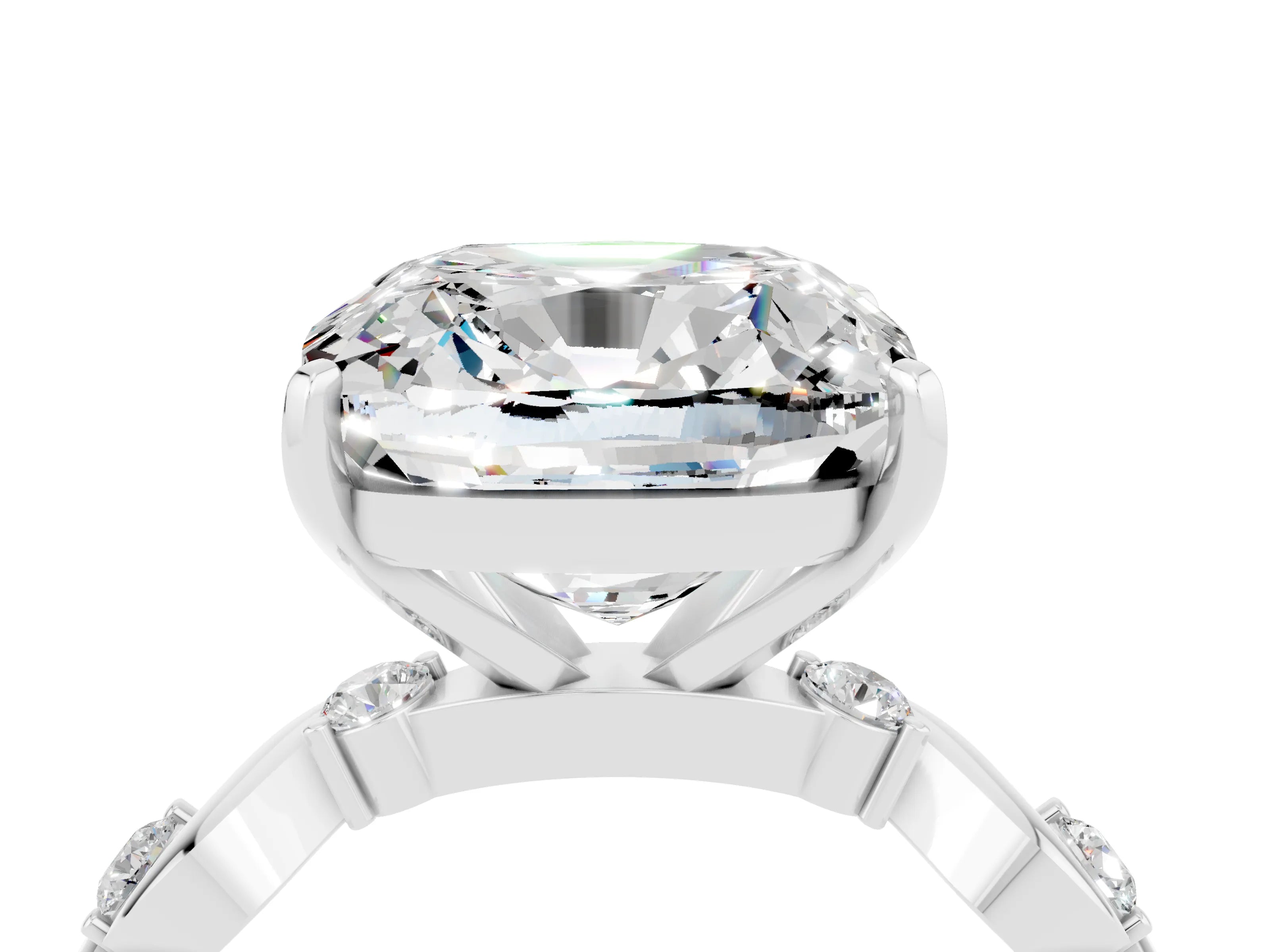 White gold Cushion Cut Moissanite Solitaire Twisted Band with Round  Accents and Prong Setting_16