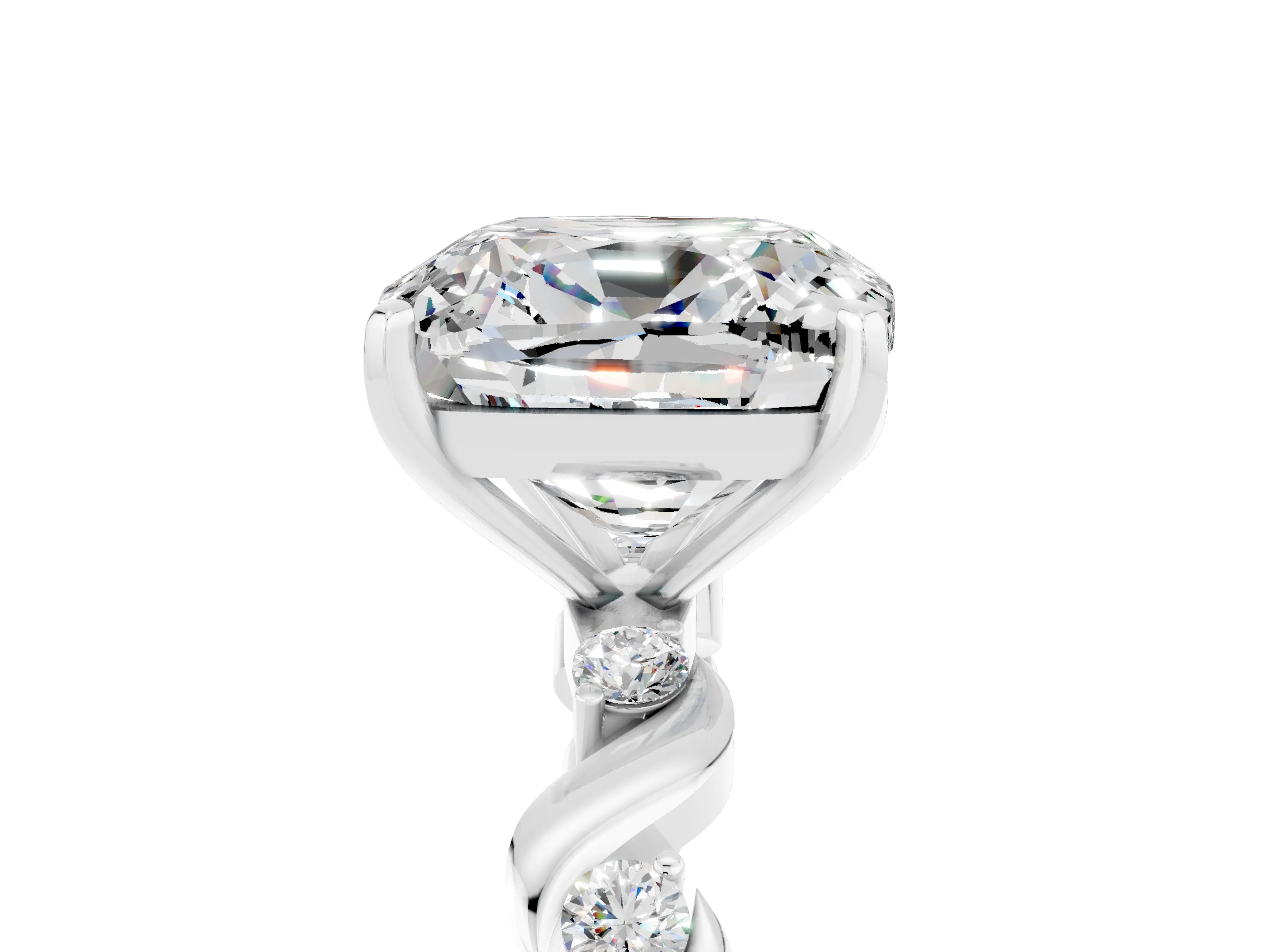 White gold Cushion Cut Moissanite Solitaire Twisted Band with Round  Accents and Prong Setting_17