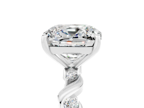 White gold Cushion Cut Moissanite Solitaire Twisted Band with Round  Accents and Prong Setting_17