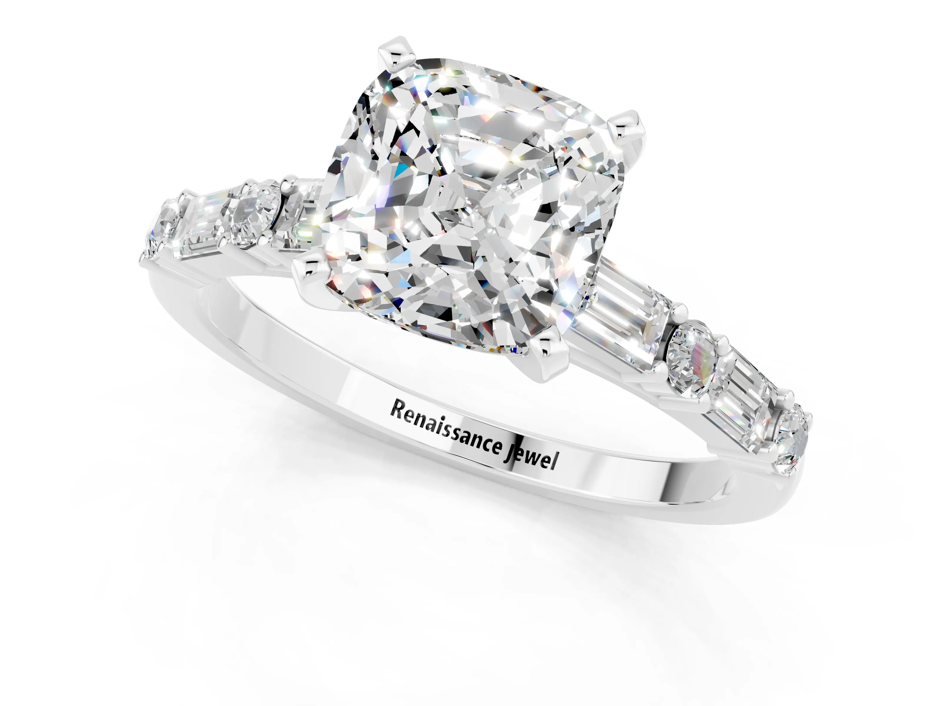 White gold Cushion Cut Moissanite Solitaire with Side Baguettes and Channel Set Band_1