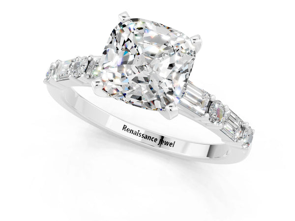 White gold Cushion Cut Moissanite Solitaire with Side Baguettes and Channel Set Band