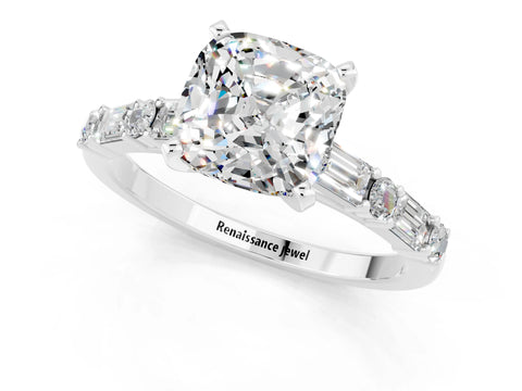 White gold Cushion Cut Moissanite Solitaire with Side Baguettes and Channel Set Band_1