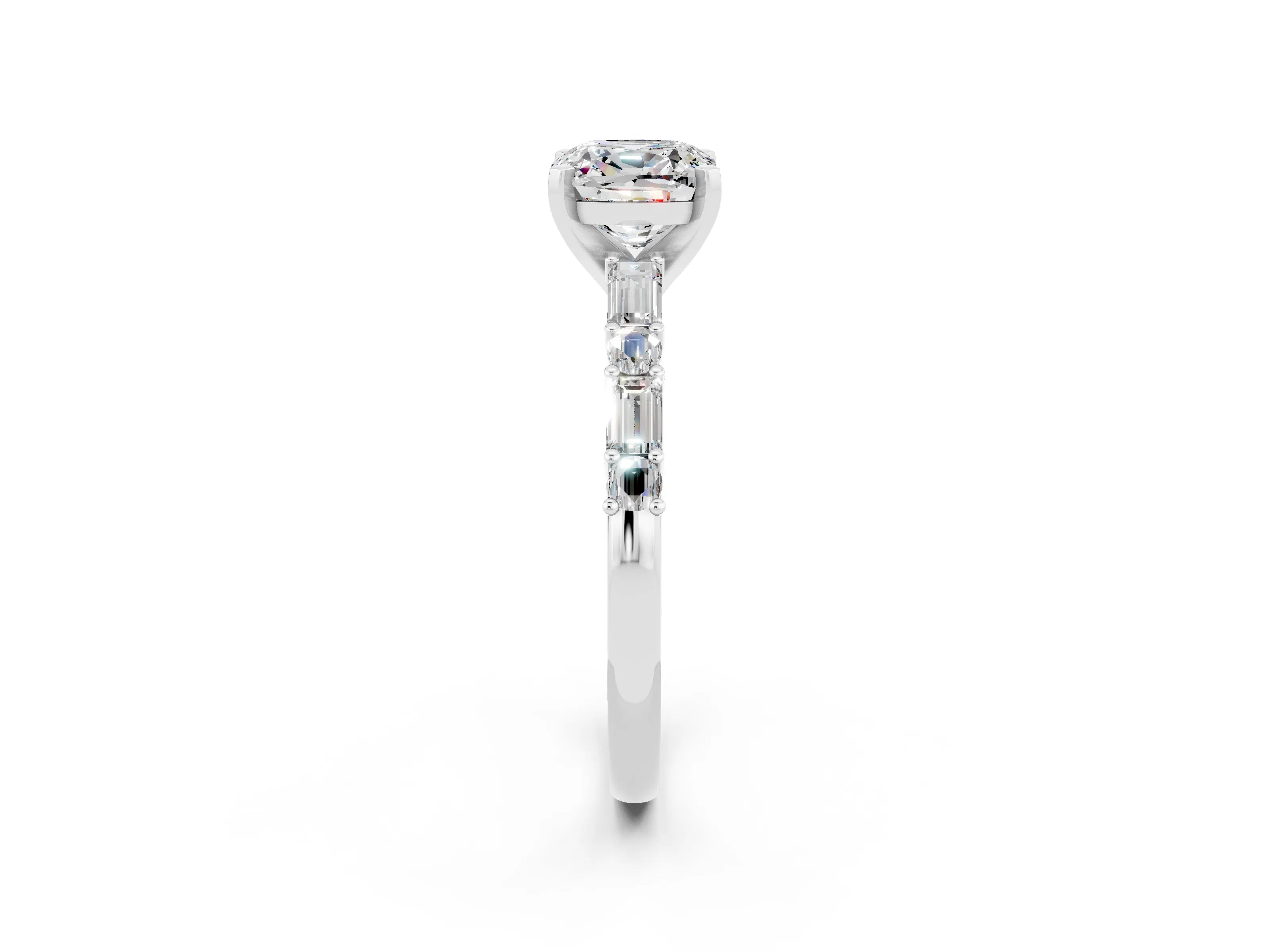 White gold Cushion Cut Moissanite Solitaire with Side Baguettes and Channel Set Band_2