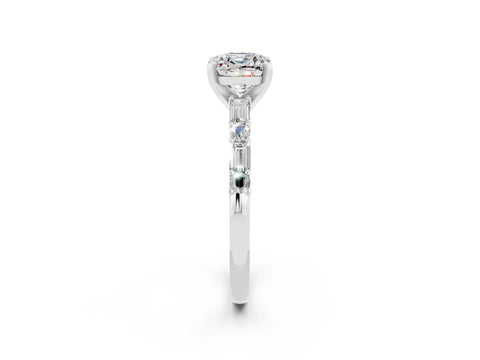 White gold Cushion Cut Moissanite Solitaire with Side Baguettes and Channel Set Band_2
