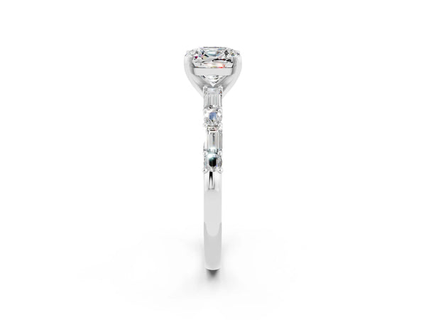 White gold Cushion Cut Moissanite Solitaire with Side Baguettes and Channel Set Band