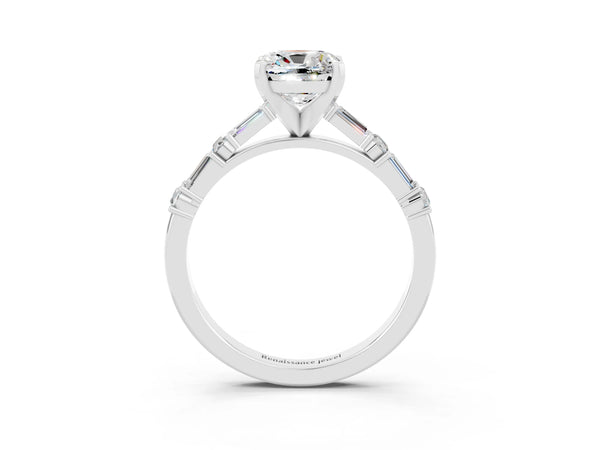 Platinum Cushion Cut Moissanite Solitaire with Side Baguettes and Channel Set Band