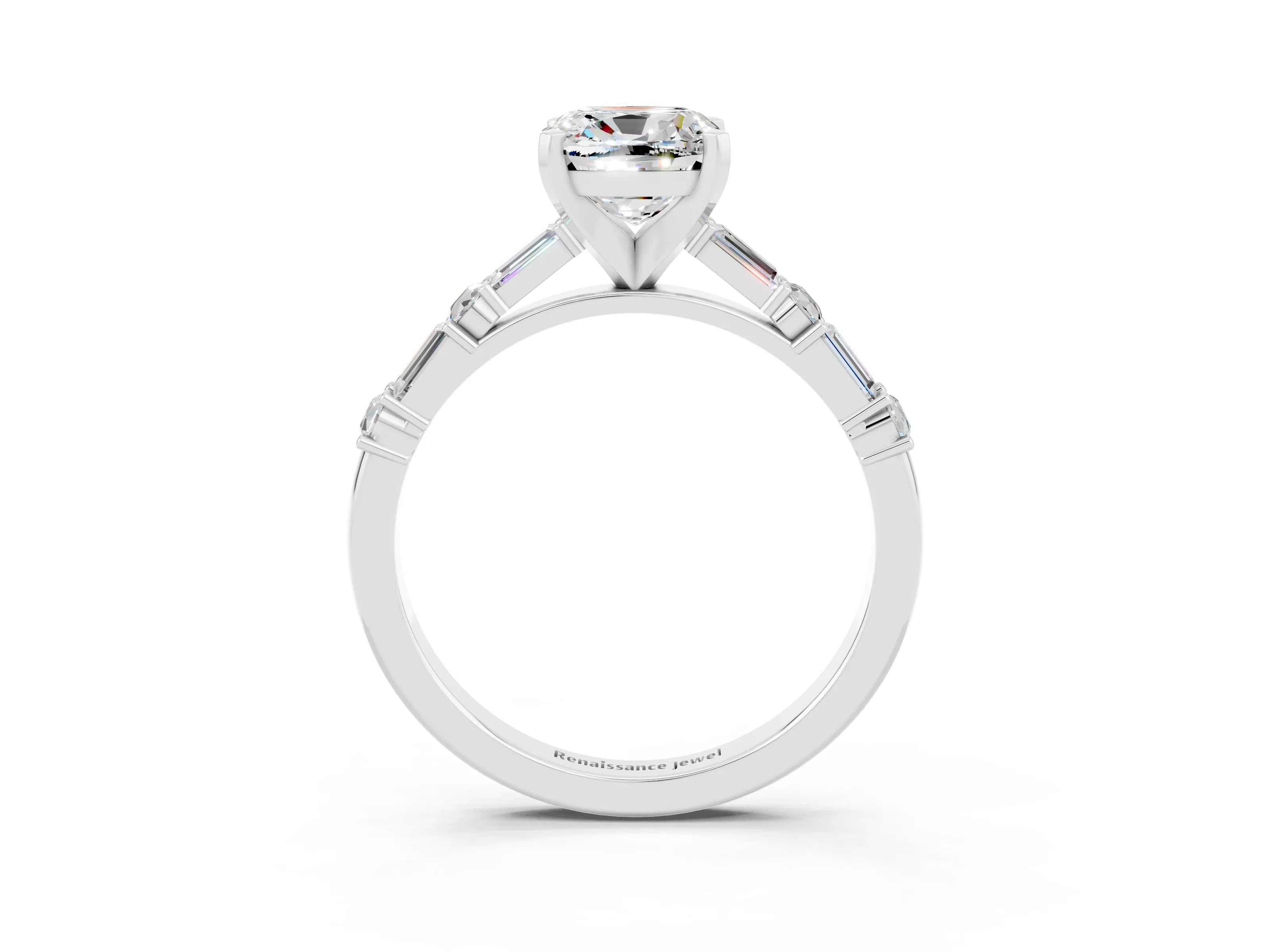 White gold Cushion Cut Moissanite Solitaire with Side Baguettes and Channel Set Band_3