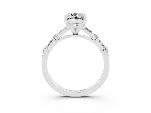 White gold Cushion Cut Moissanite Solitaire with Side Baguettes and Channel Set Band_3