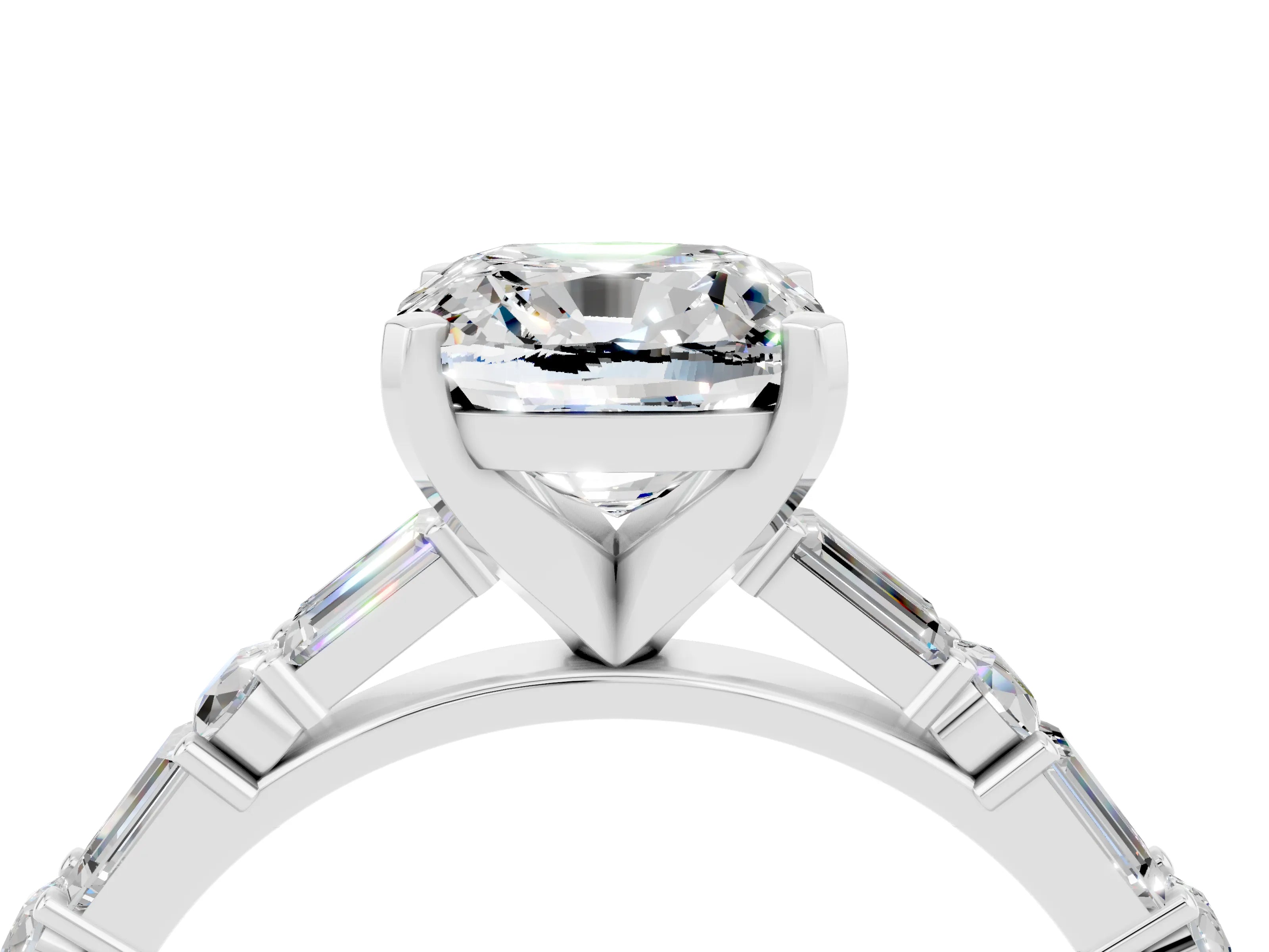 White gold Cushion Cut Moissanite Solitaire with Side Baguettes and Channel Set Band_4