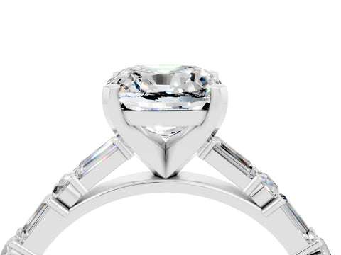 White gold Cushion Cut Moissanite Solitaire with Side Baguettes and Channel Set Band_4