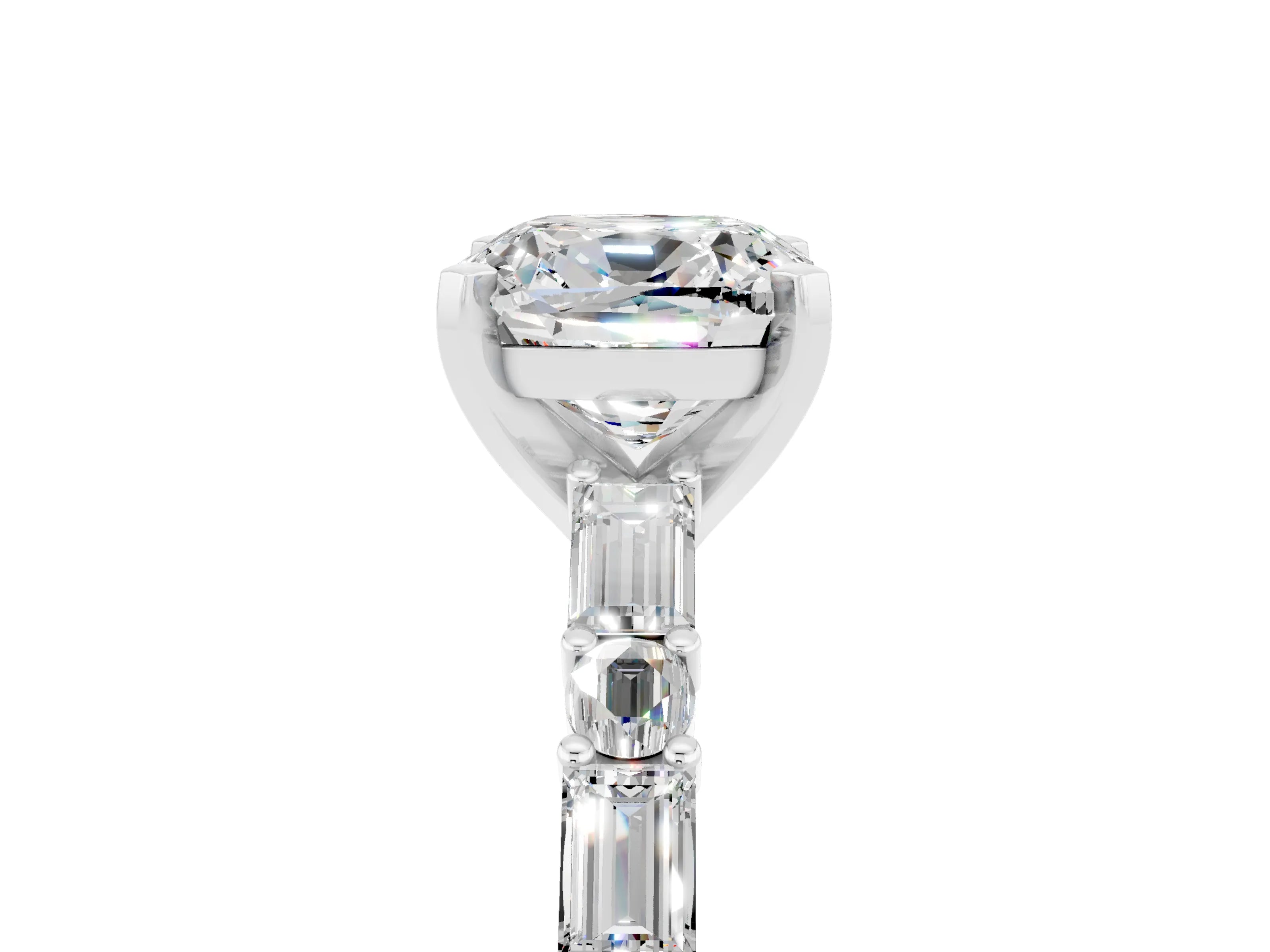 White gold Cushion Cut Moissanite Solitaire with Side Baguettes and Channel Set Band_5