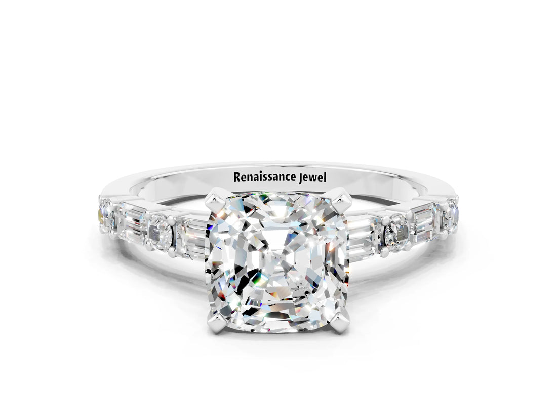 White gold Cushion Cut Moissanite Solitaire with Side Baguettes and Channel Set Band