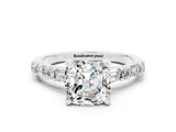White gold Cushion Cut Moissanite Solitaire with Side Baguettes and Channel Set Band