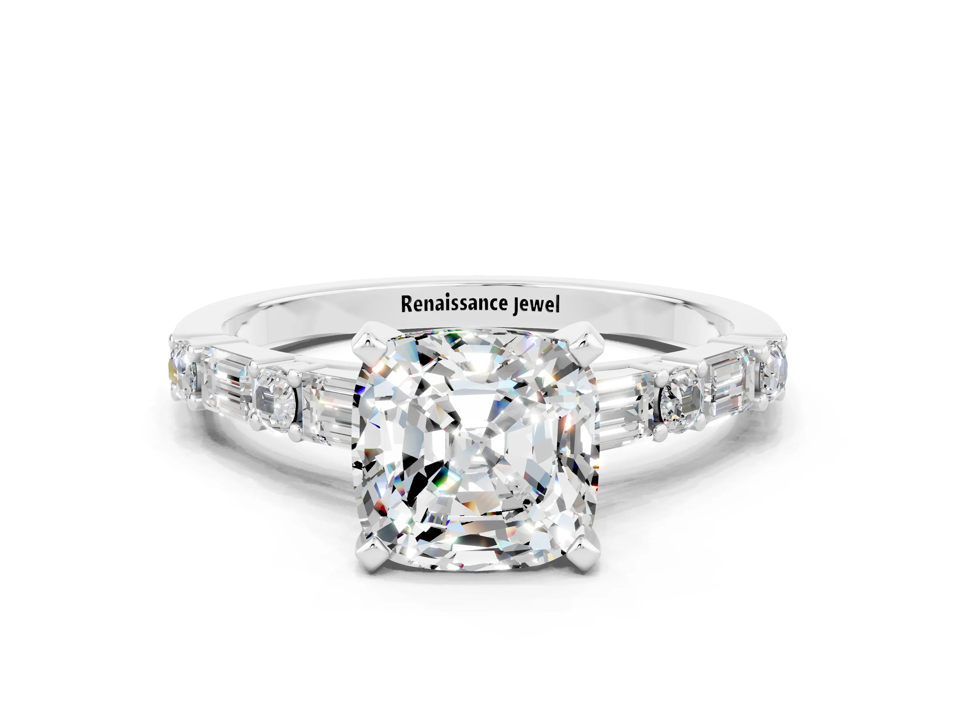 White gold Cushion Cut Moissanite Solitaire with Side Baguettes and Channel Set Band