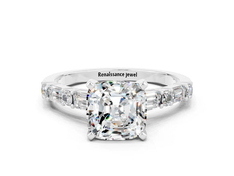 White gold Cushion Cut Moissanite Solitaire with Side Baguettes and Channel Set Band