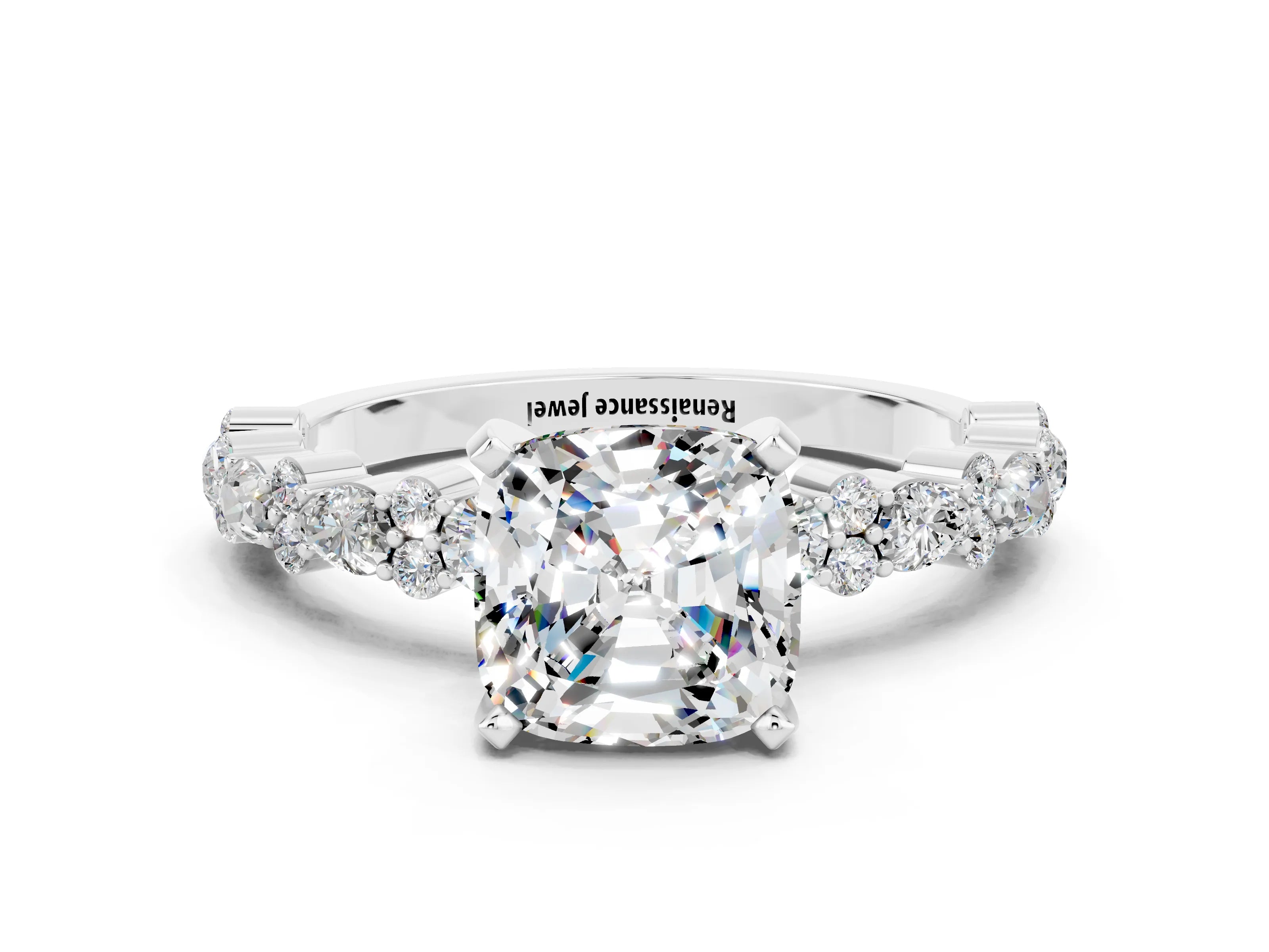 White gold Cushion Cut Moissanite Solitaire with Side Stones, Pave Band, Four-Prong Setting_36