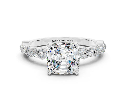 White gold Cushion Cut Moissanite Solitaire with Side Stones, Pave Band, Four-Prong Setting_36
