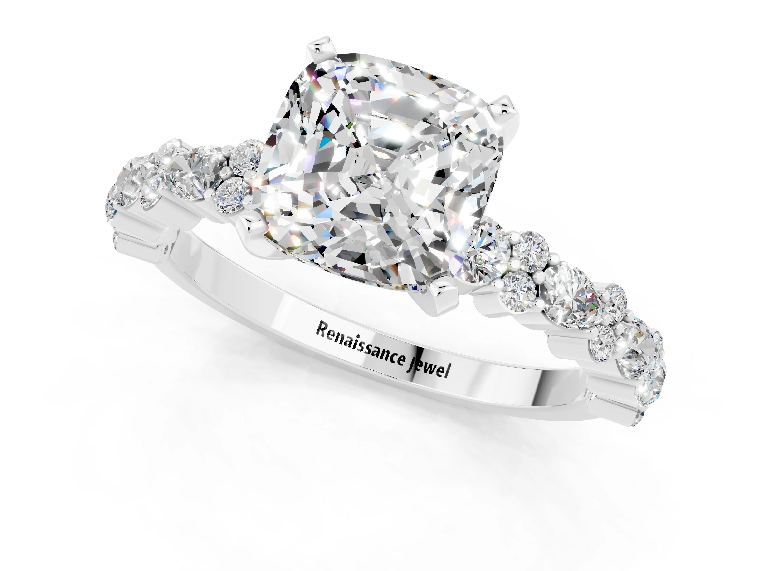 White gold Cushion Cut Moissanite Solitaire with Side Stones, Pave Band, Four-Prong Setting_37